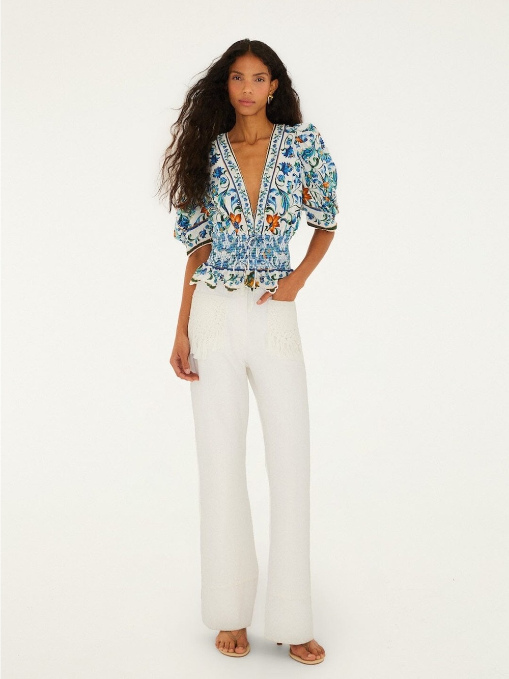 FARM RIO Off-White Flora Tile Smocked Blouse - Picture 4 of 4